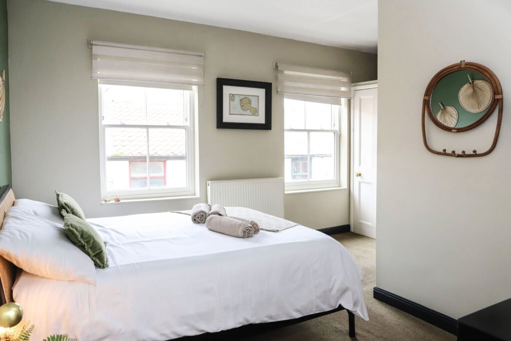 Light and bright bedroom in the B&B of Endeavour, Staithes in North Yorkshire.